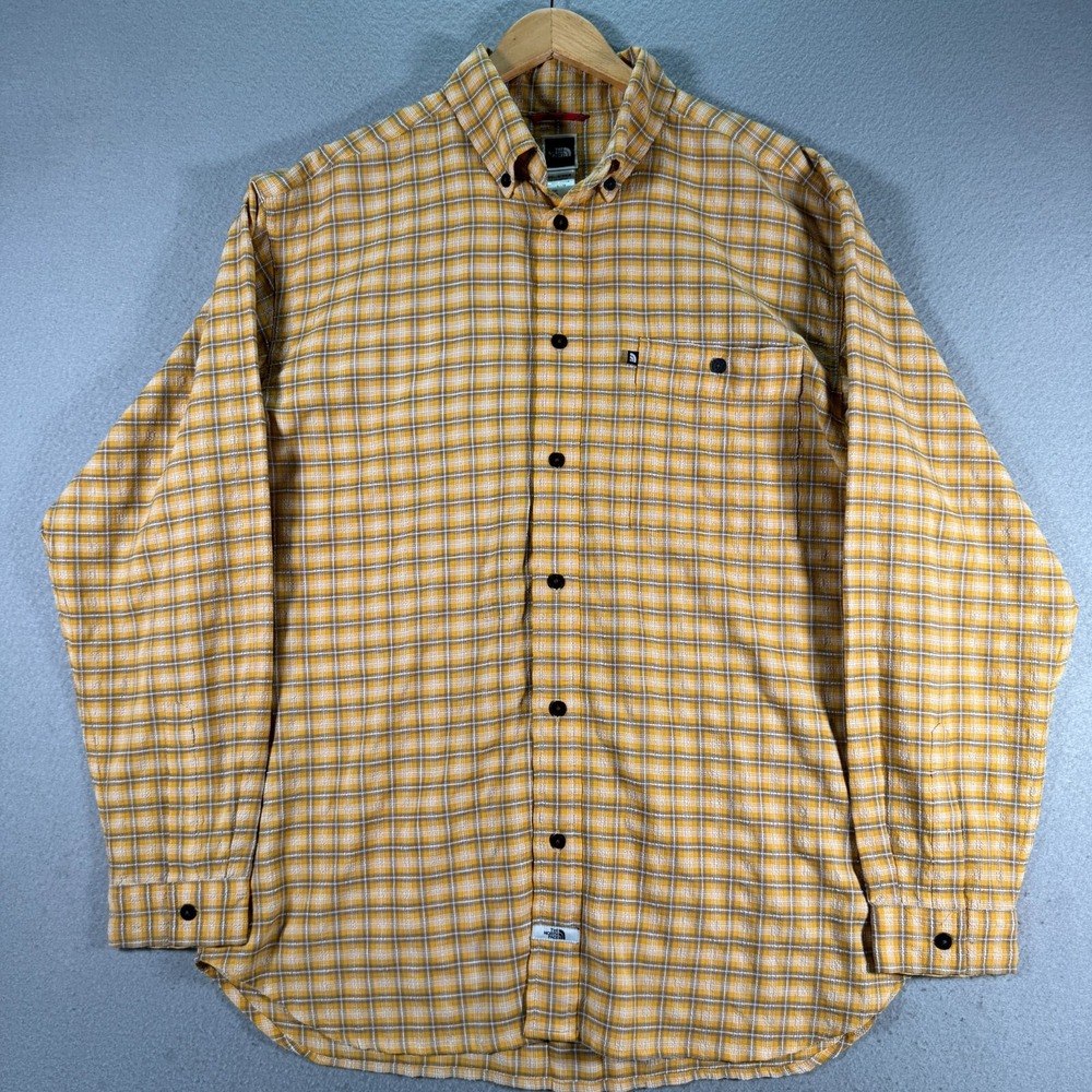 The North Face Mens Large Yellow Plaid Seersucker Button Down Shirt‎ Long Sleeve